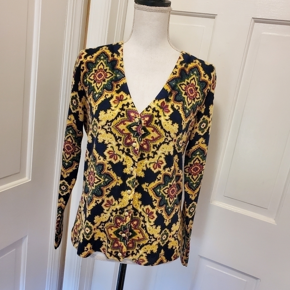 Talbots Colorful 100% Merino Wool Vneck Button front size Medium